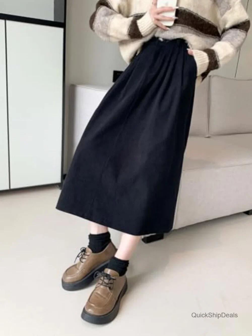 Women's Vintage Corduroy A-Line Skirt High Waist Pleated Midi with Pockets